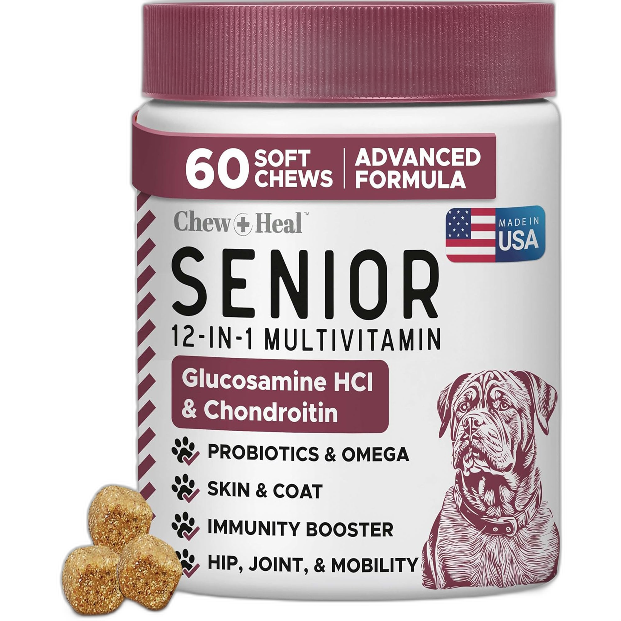 Chew + Heal Senior 12-In-1 Advanced Multivitamin Soft Chews Supplement for Senior Dogs senior pet supplement