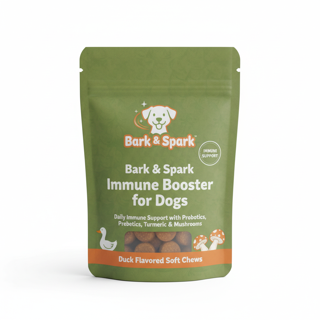 Bark & Spark Immune Booster for Dogs - Daily Immune Support with Probiotics, Prebiotics, Turmeric, & Mushrooms - Duck Flavored Soft Chews