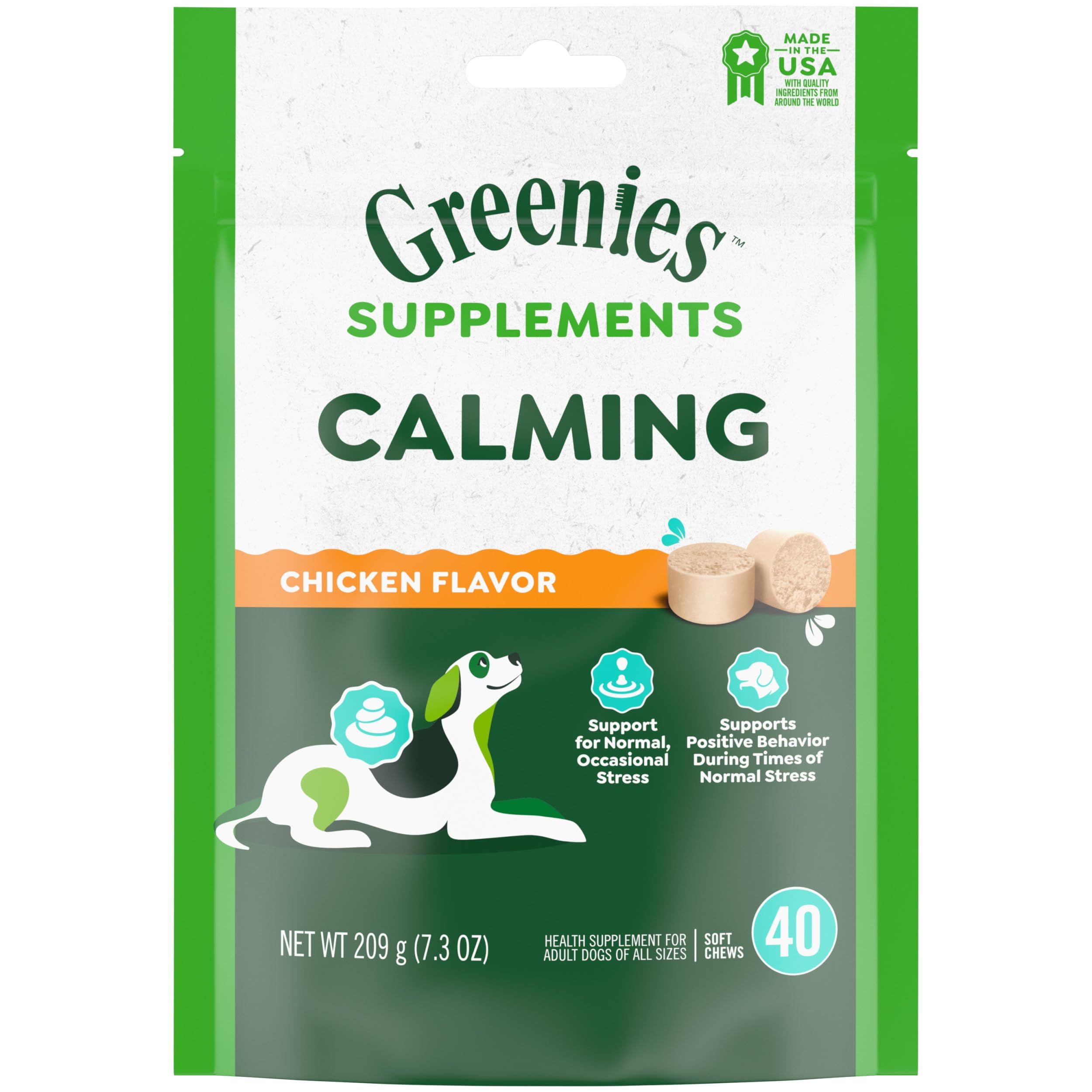Greenies Supplements Calming Chews for Dogs Chicken Flavor, Dog Calming Chews, 7.3 oz. Container of 40 Count