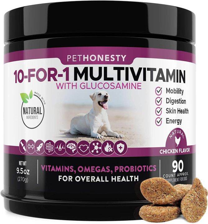 PetHonesty 10-in-1 Dog Multivitamin with Glucosamine - Essential Vitamins & Supplements for Dogs - Joint, Skin, Gut, Immune, Heart, Brain & Eye Health - Duck Flavored Soft Chews
