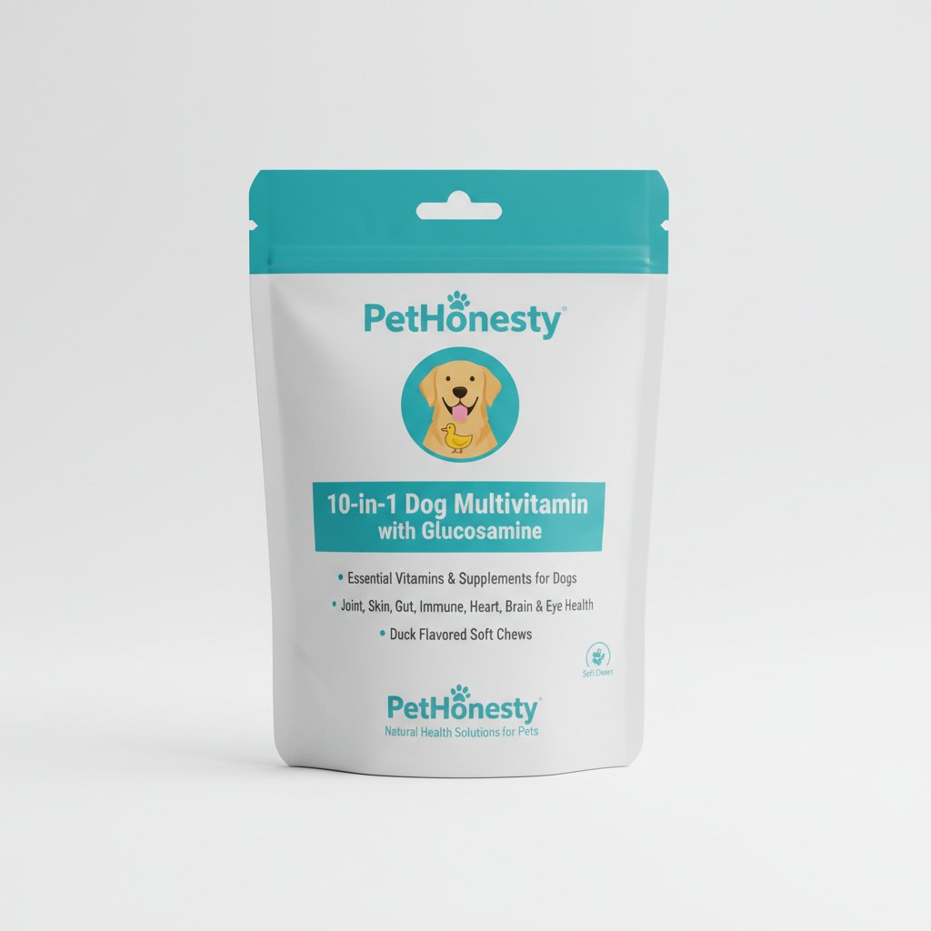PetHonesty 10-in-1 Dog Multivitamin with Glucosamine - Essential Vitamins & Supplements for Dogs - Joint, Skin, Gut, Immune, Heart, Brain & Eye Health - Duck Flavored Soft Chews