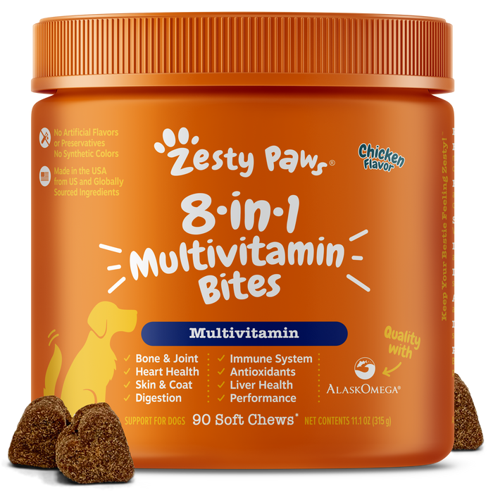 Zesty Paws 8-in-1 Multivitamin Bites for Dogs - Glucosamine, Chondroitin, Probiotics, Vitamins & Minerals pet supplement