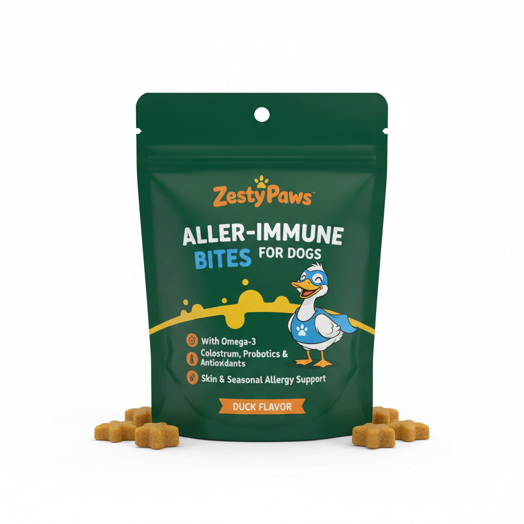Zesty Paws Aller-Immune Bites for Dogs - with Omega-3, Colostrum, Probiotics & Antioxidants - Skin & Seasonal Allergy Support - Duck Flavor immune support supplement