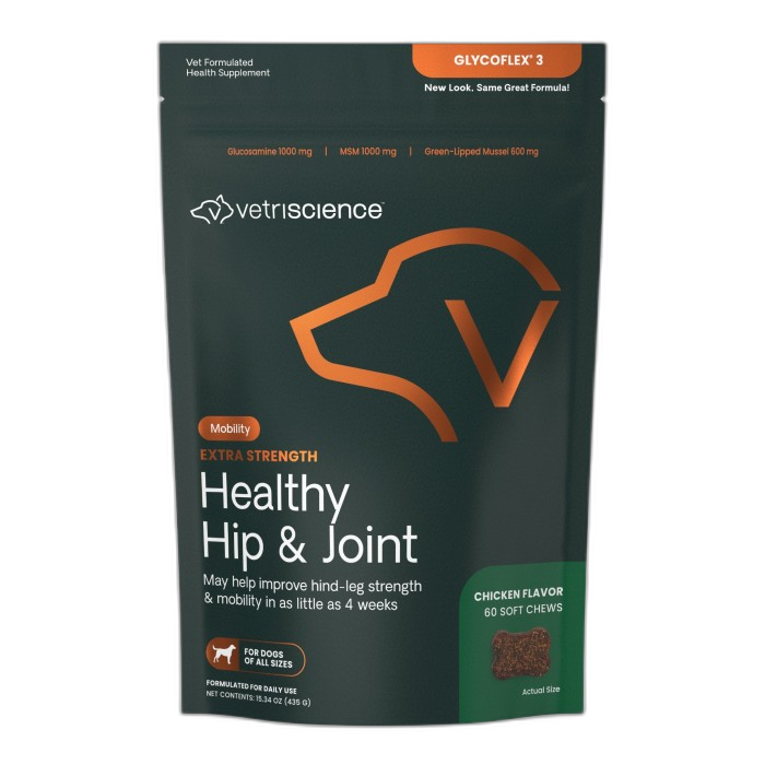 VetriScience GlycoFlex 3 Extra Strength Healthy Hip & Joint Chicken-Flavored Chews with Glucosamine & Green-Lipped Mussel Supplement for Dogs joint & hip supplement