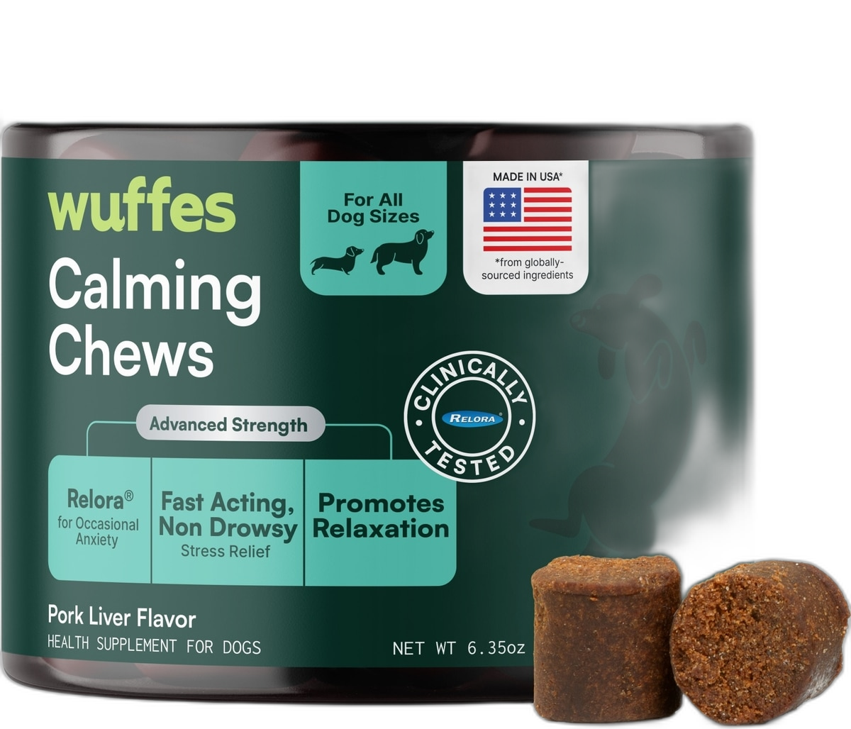 Wuffes Calming Stress Support with Relora, L-Tryptophan & Chamomile Pork Liver Flavored Soft Chew Supplement for Dogs calming & anxiety supplement